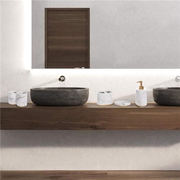 Bathroom Accessories Set, 5 Pcs Marble Look Bathroom Sets for Counter - Picture 2 of 8